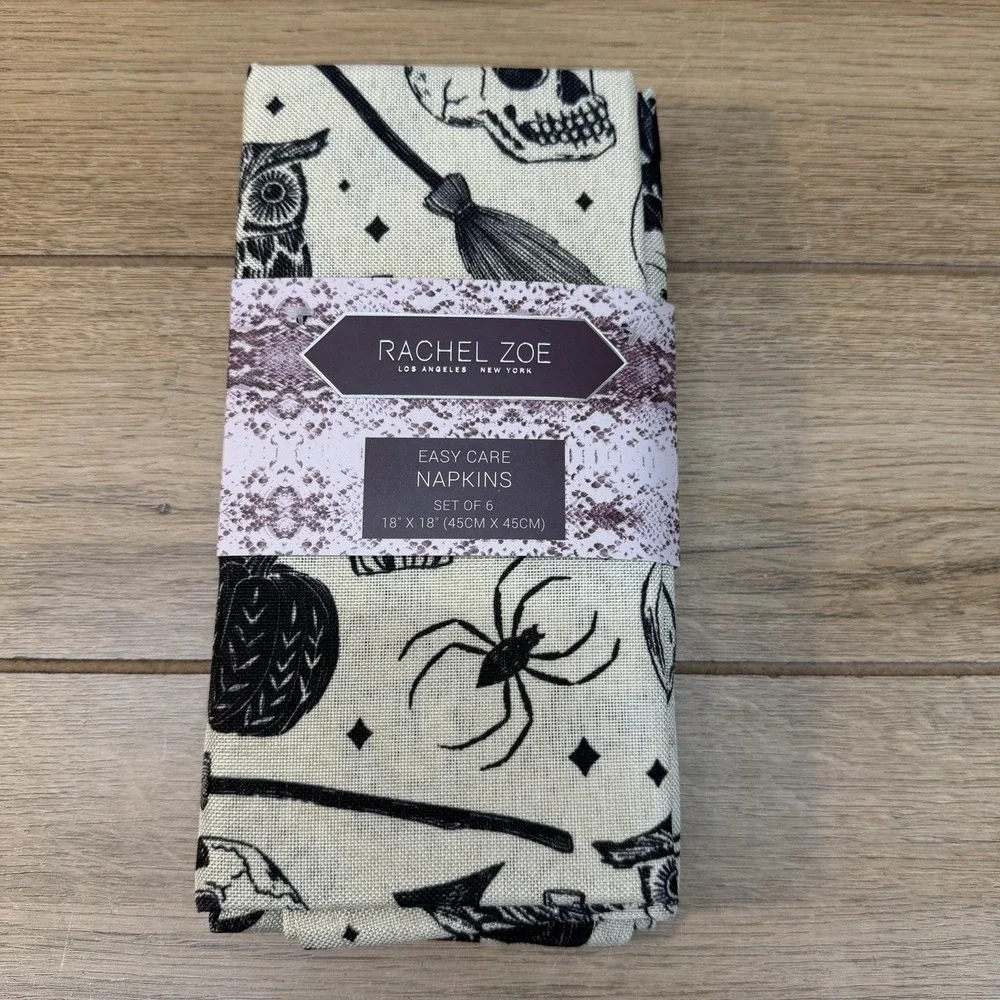 Halloween Icon Napkins Set 6 Rachel Zoe Easy Care Skull Witch Owl Pumpkin Bat